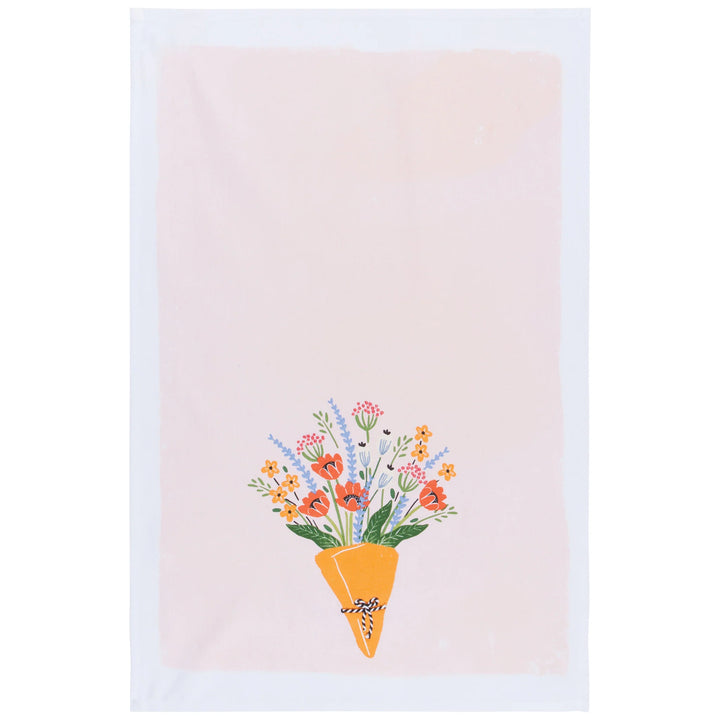 Kitchen towel with wrapped floral bouquet on a white background