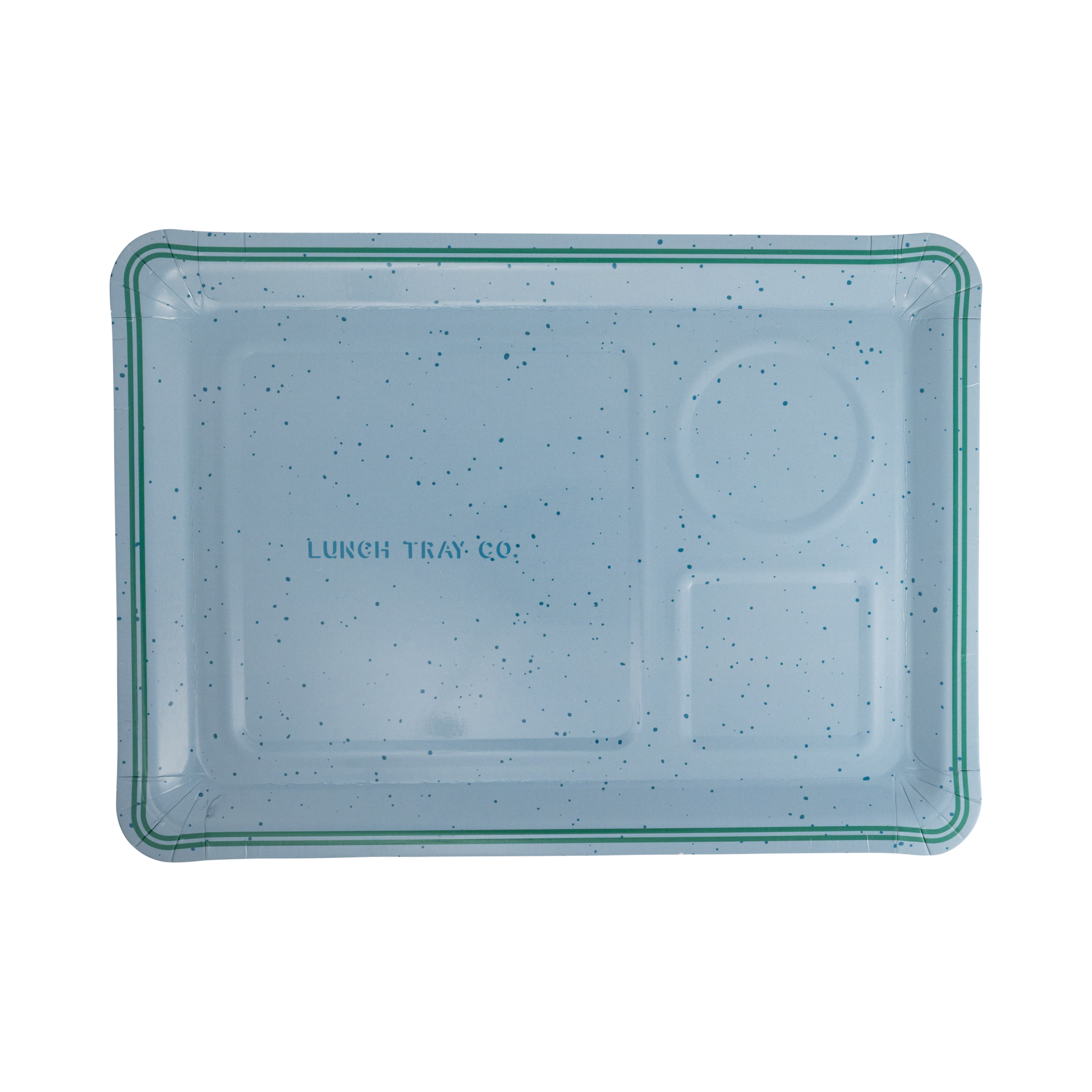 Blue speckled lunch tray with 'Lunch Tray Co.' branding on a white background