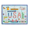 Illustrated puzzle with American landmarks and text 'Greetings from the USA' on a blue background.