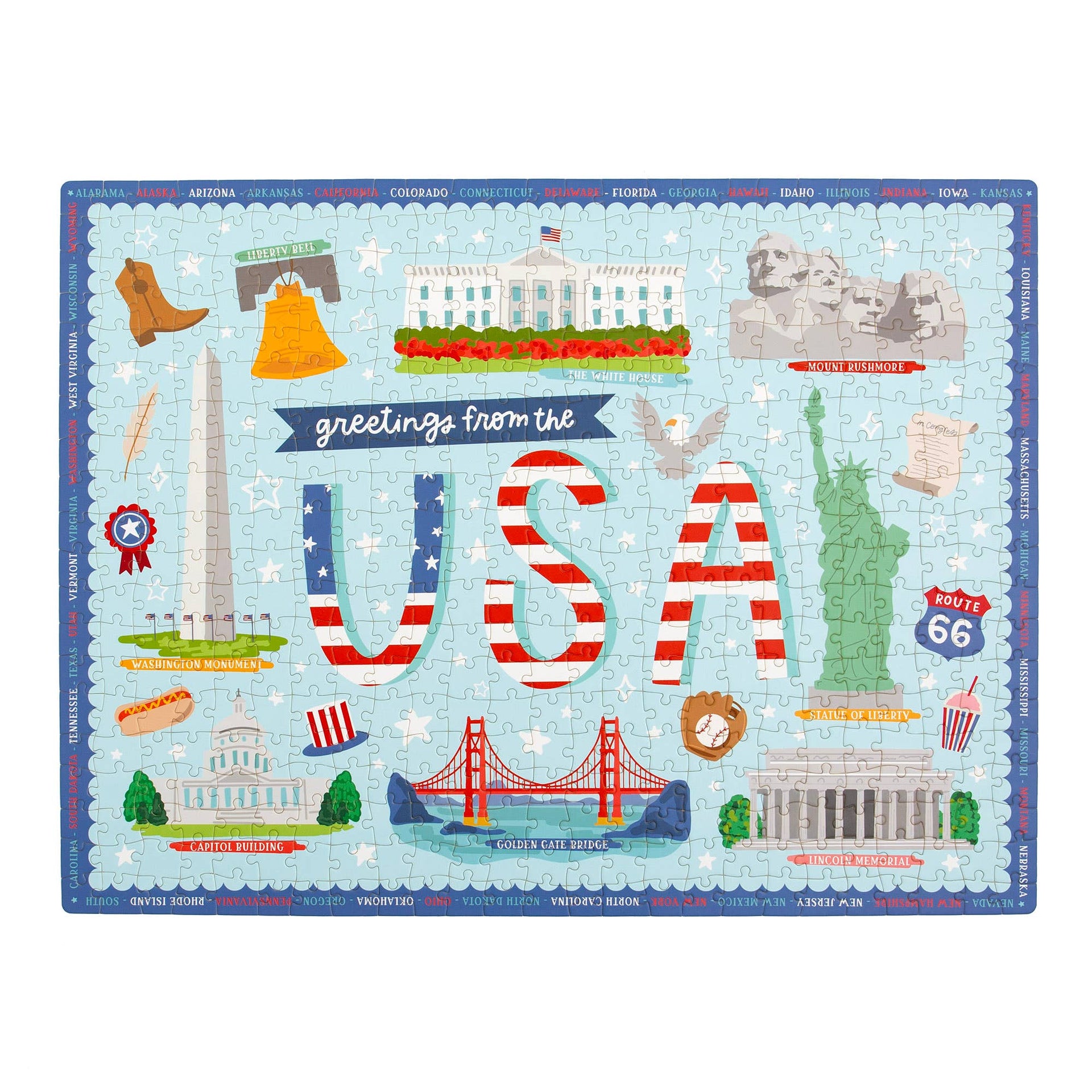 Illustrated puzzle with American landmarks and text 'Greetings from the USA' on a blue background.