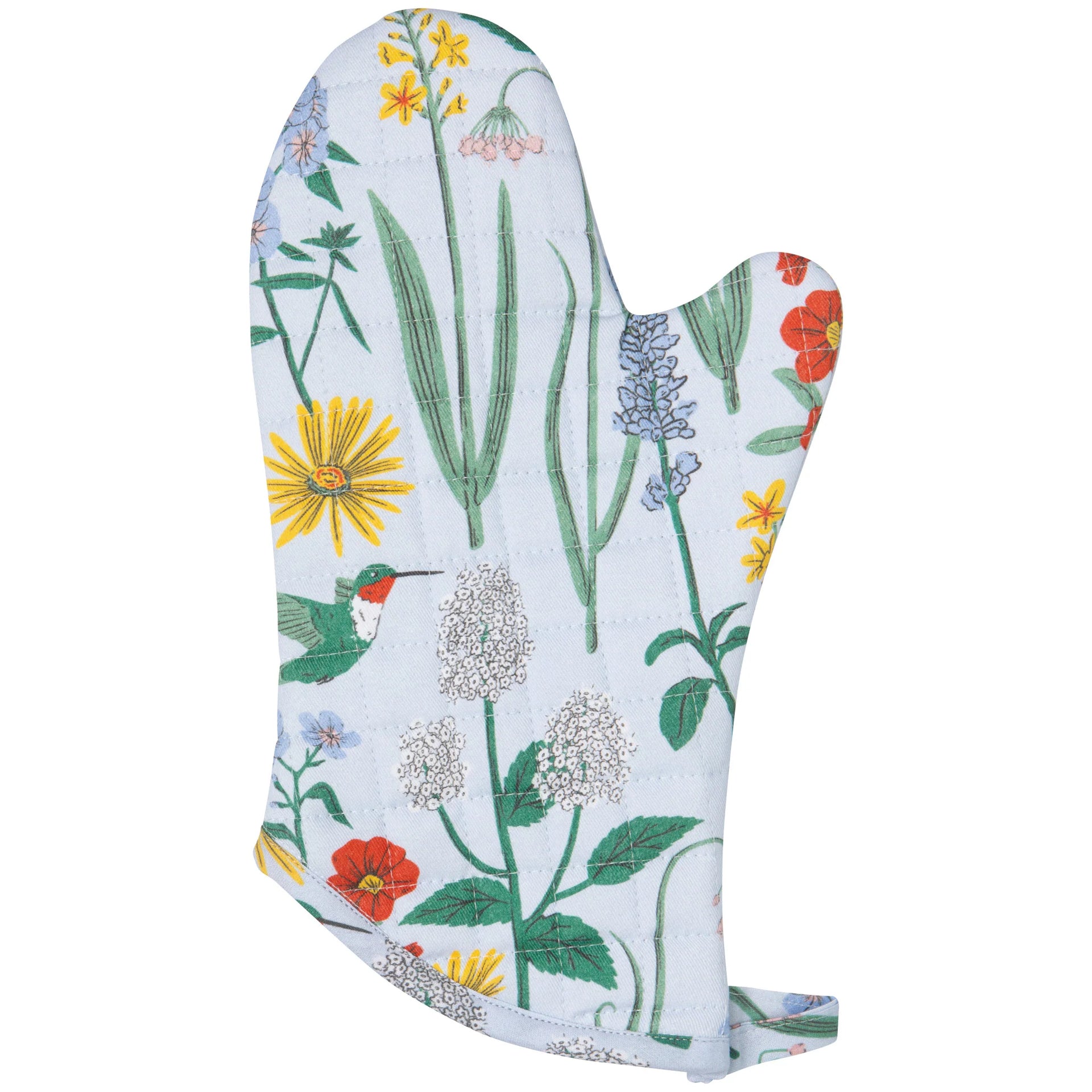 Oven mitt with floral and hummingbird pattern on a white background
