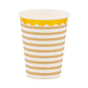 Paper cup with tan and white striped pattern and a gold foil scalloped rim on a white background