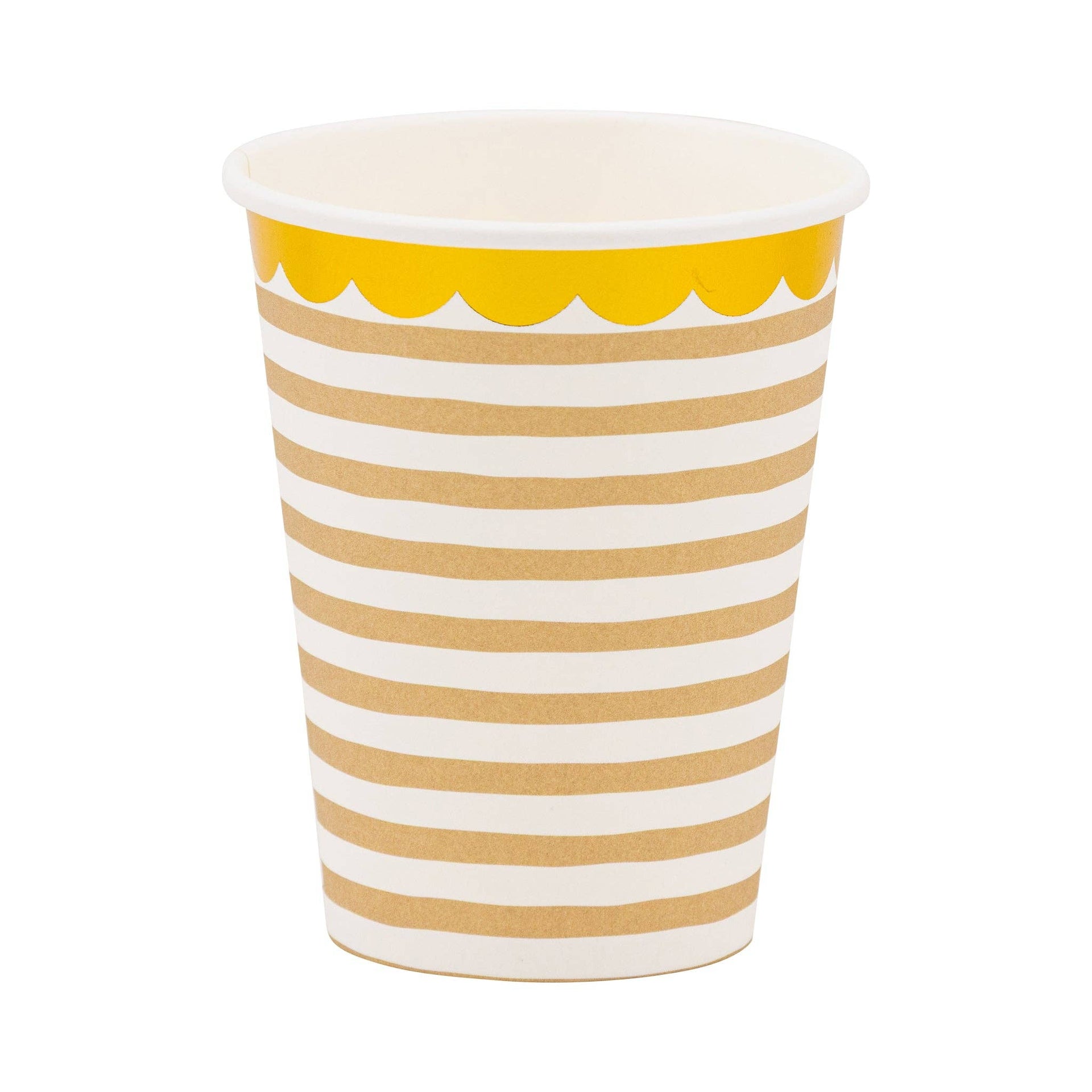 Paper cup with tan and white striped pattern and a gold foil scalloped rim on a white background