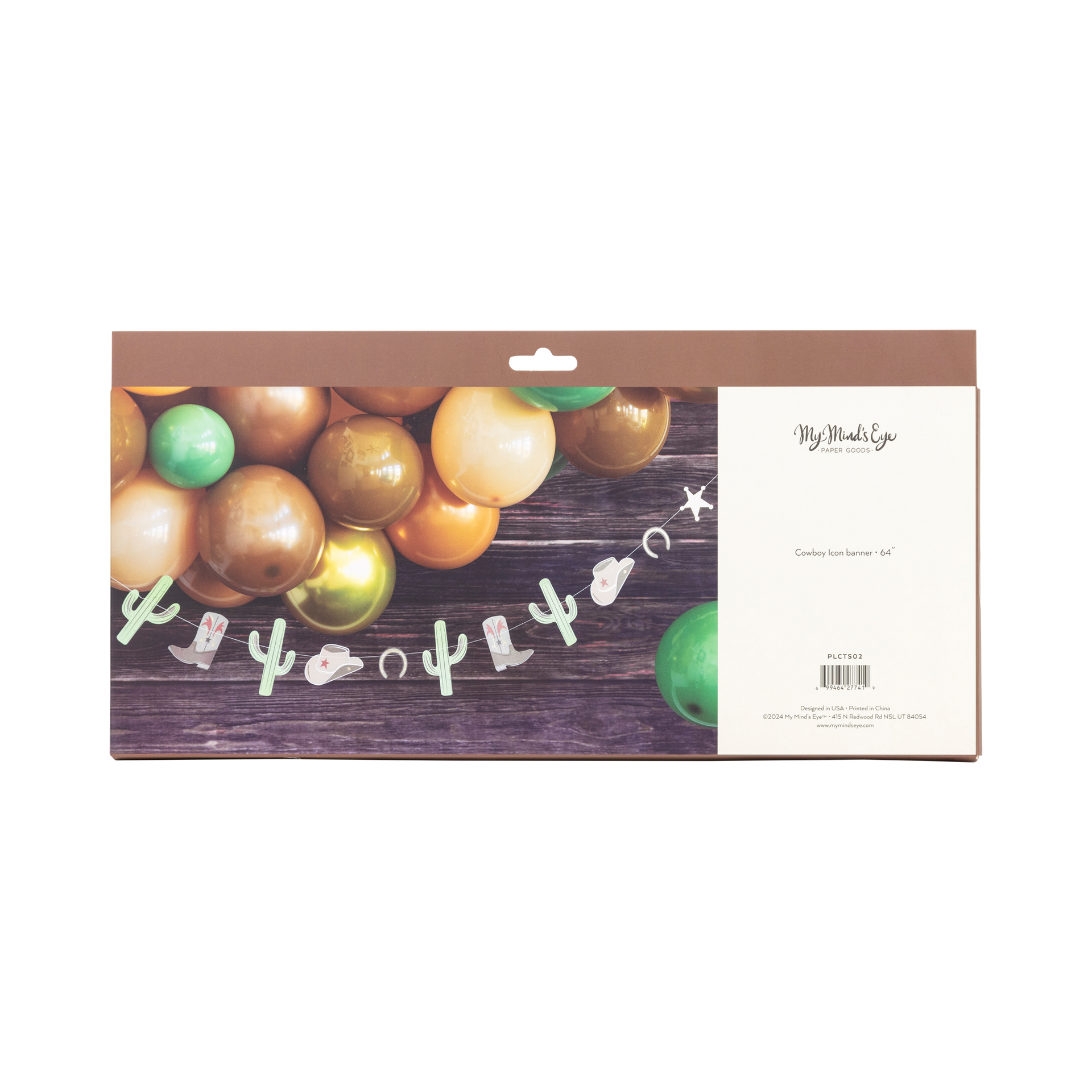 Packaging of banner showing balloons and decorative items on a wooden surface with 'My Mind's Eye' branding.