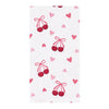 A white kitchen towel, featuring a repeating pattern of red cherries tied with pink bows and scattered pink hearts.