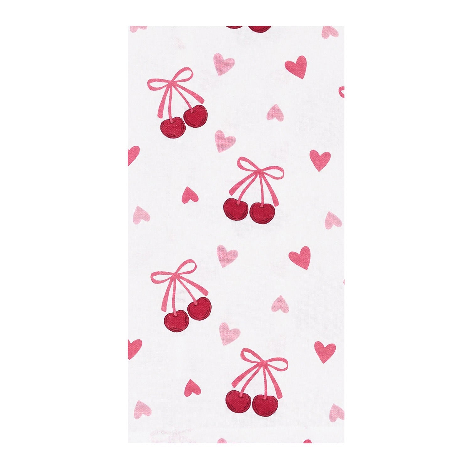 A white kitchen towel, featuring a repeating pattern of red cherries tied with pink bows and scattered pink hearts.