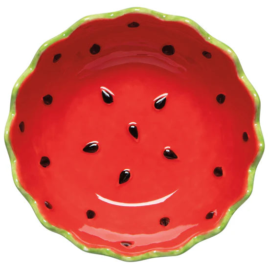 Decorative bowl designed like a watermelon on a white background