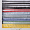 Striped kitchen towels available in black, red, blue, green, and yellow on a white marble background