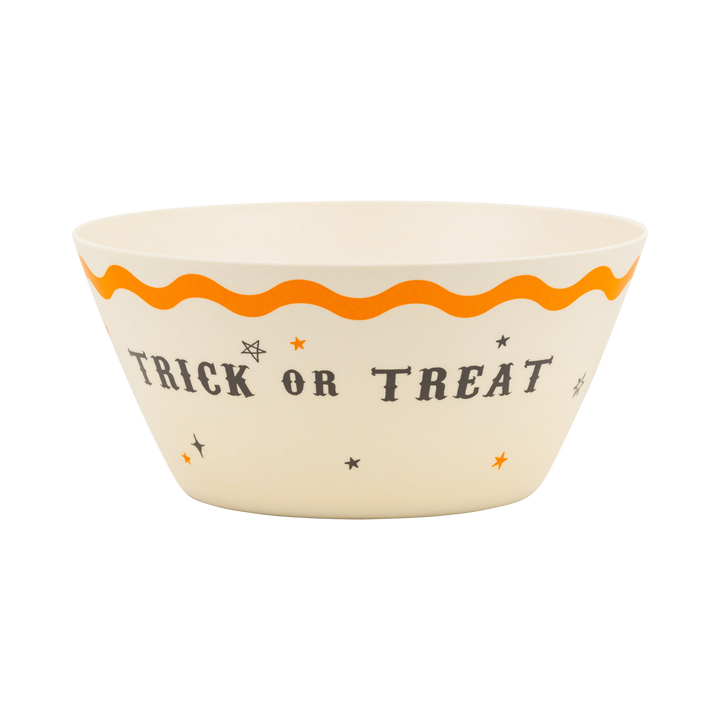 Halloween-themed bowl with 'Trick or Treat' text on a white background