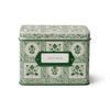 Decorative recipe box with green and white pattern on a white background