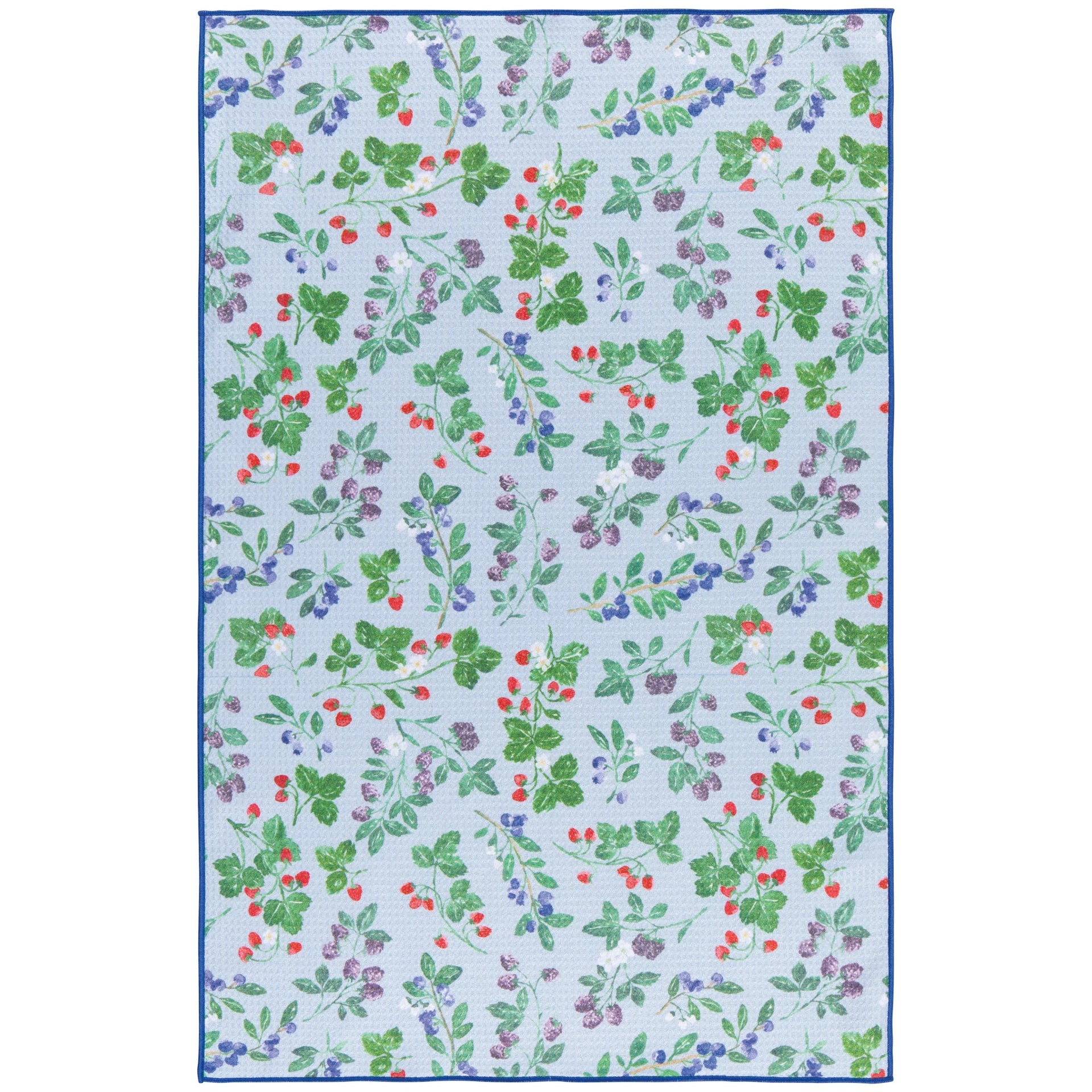 Floral patterned kitchen towel with berries on a light blue background