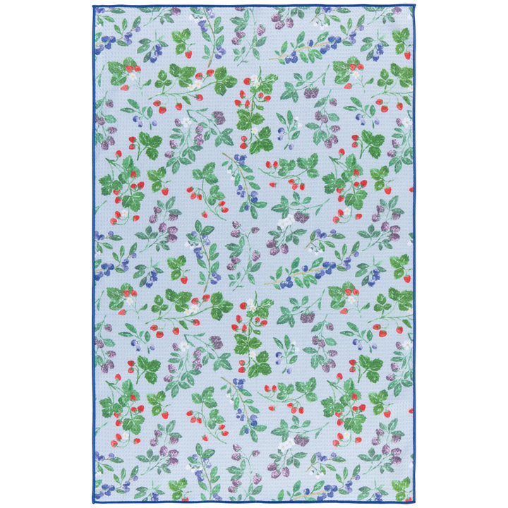 Floral patterned kitchen towel with berries on a light blue background