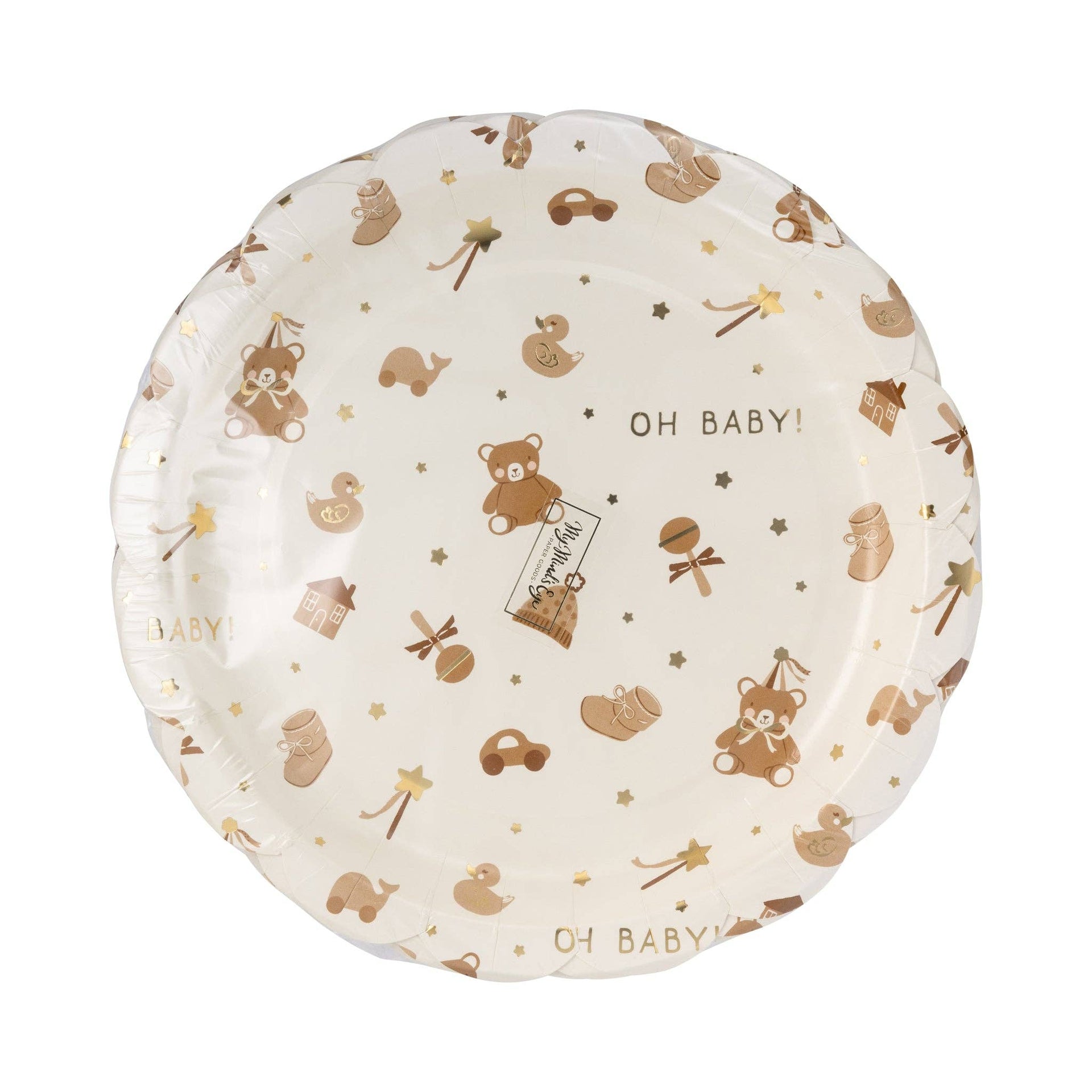 Package of round paper plates with 'OH BABY!' text on a white background