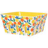 Rectangular berry basket with a colorful fruit pattern on a white background