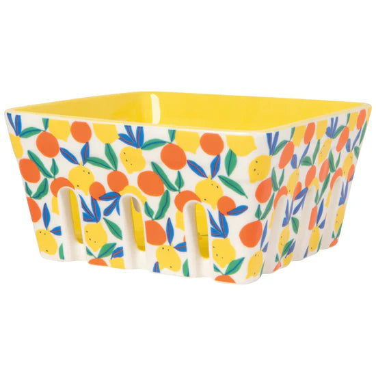 Rectangular berry basket with a colorful fruit pattern on a white background