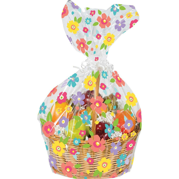 Gift basket with colorful floral wrapping on a white background