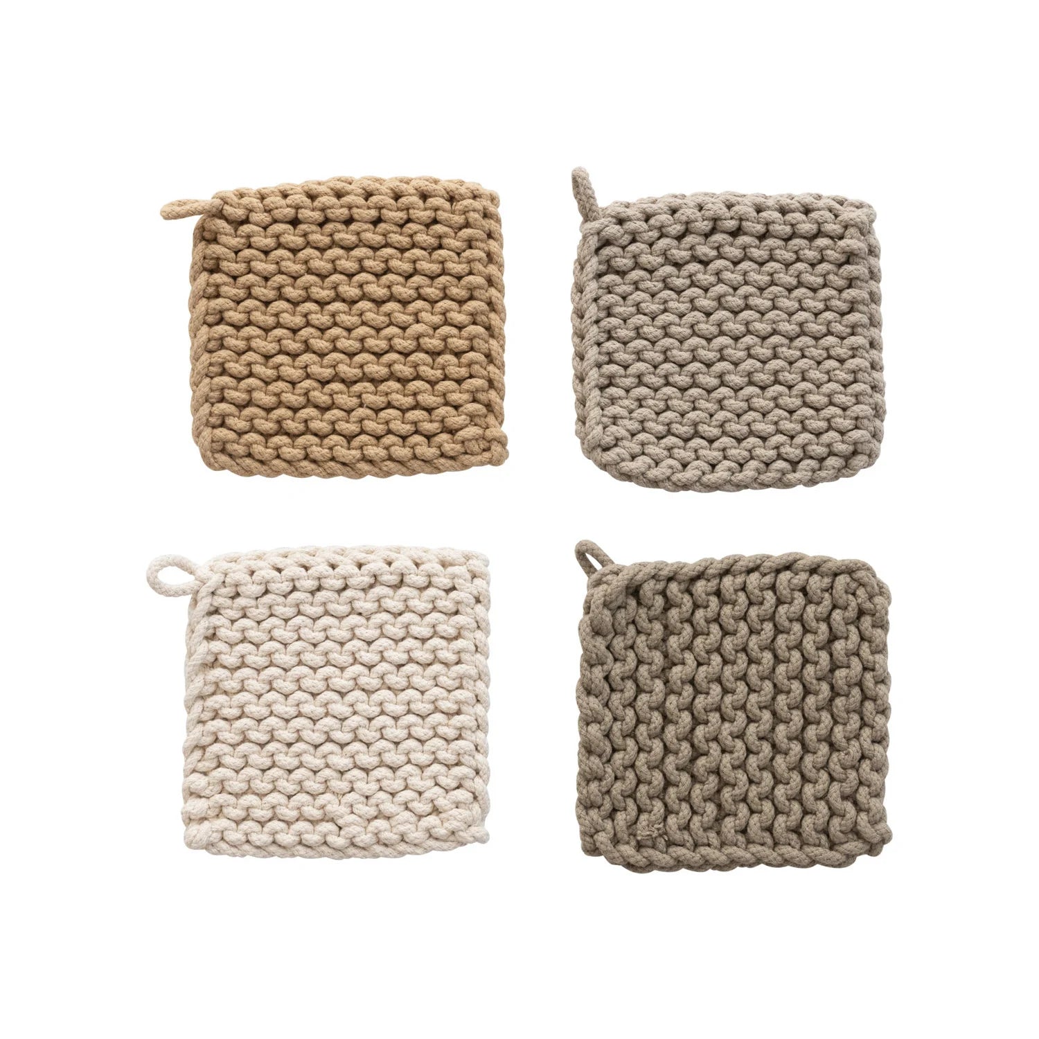 Four knitted pot holders in beige, brown, and cream colors on a white background.