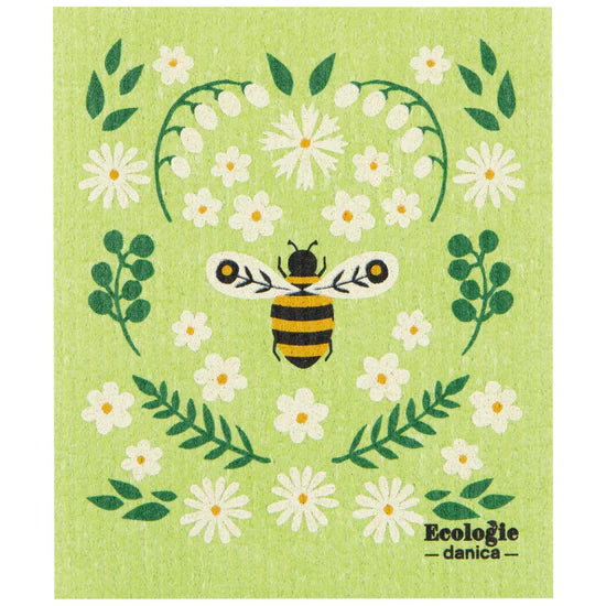 Green dishcloth with bee and flower design, featuring the 'Ecologie danica' brand.