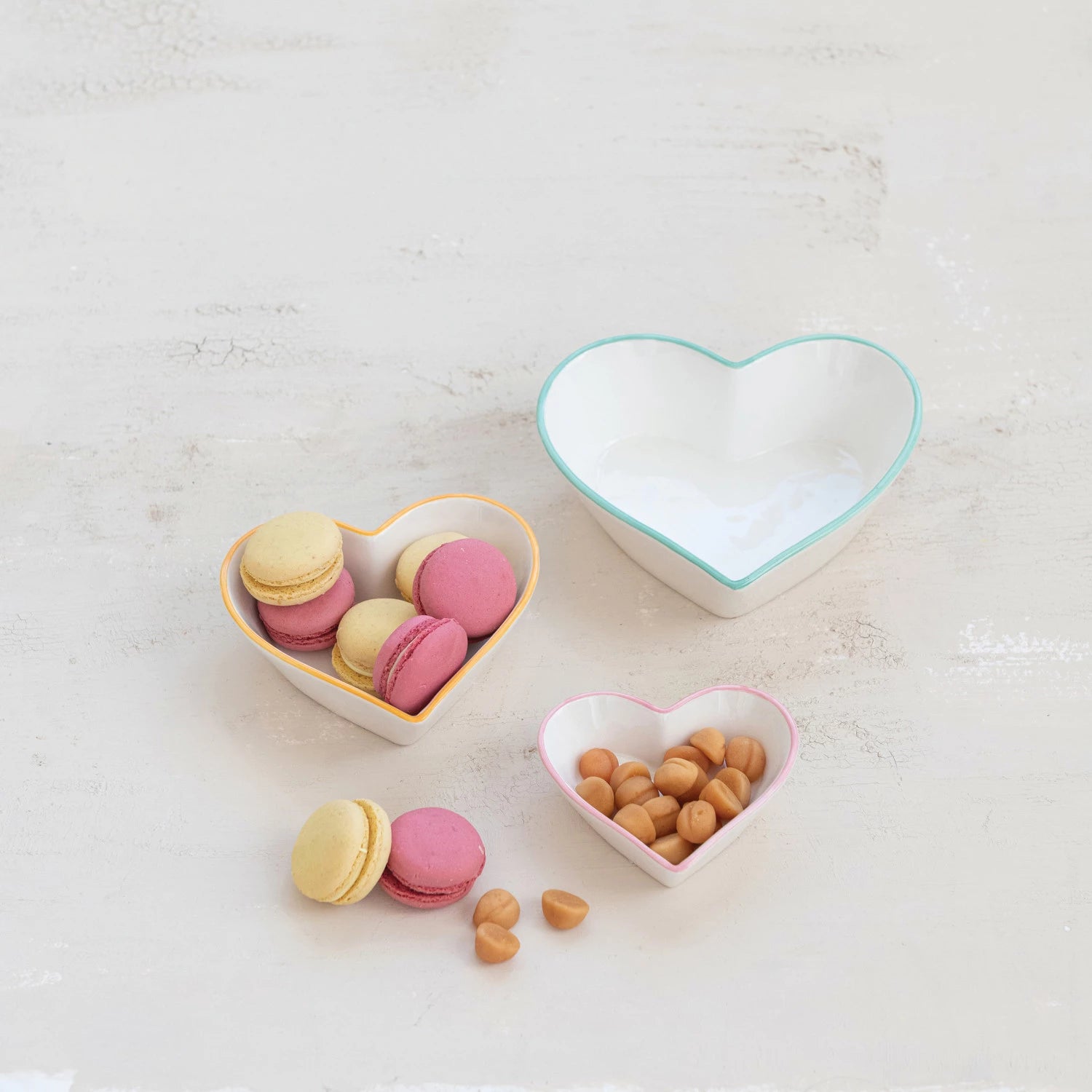 Stoneware Heart Shaped Bowls with Colored Rims