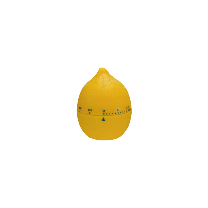 Yellow lemon shaped timer with green numbers on white background.