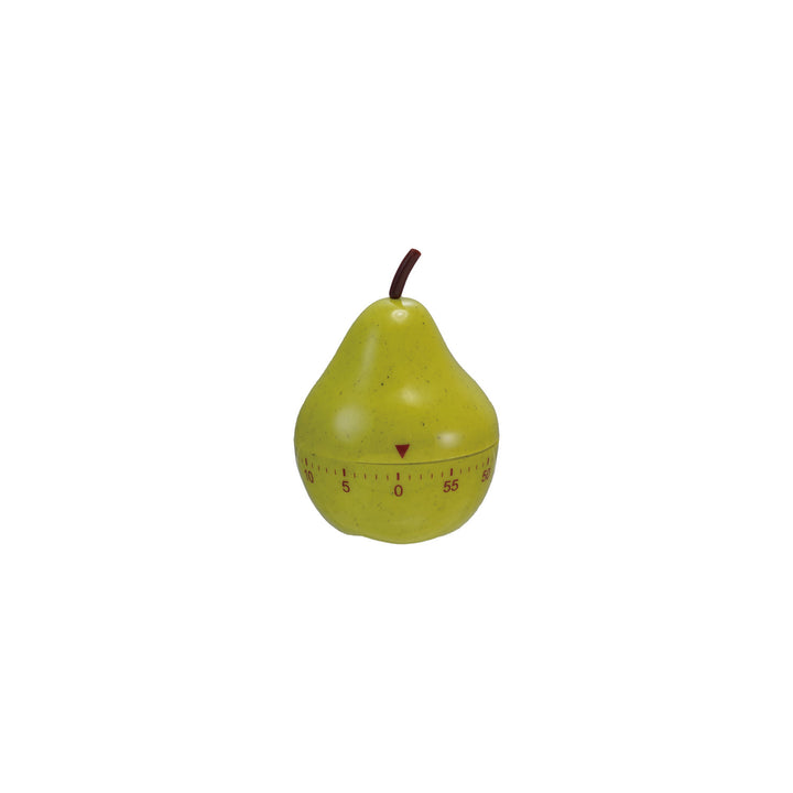 Green pear shaped timer with brown stem and brown numbers on a white background.