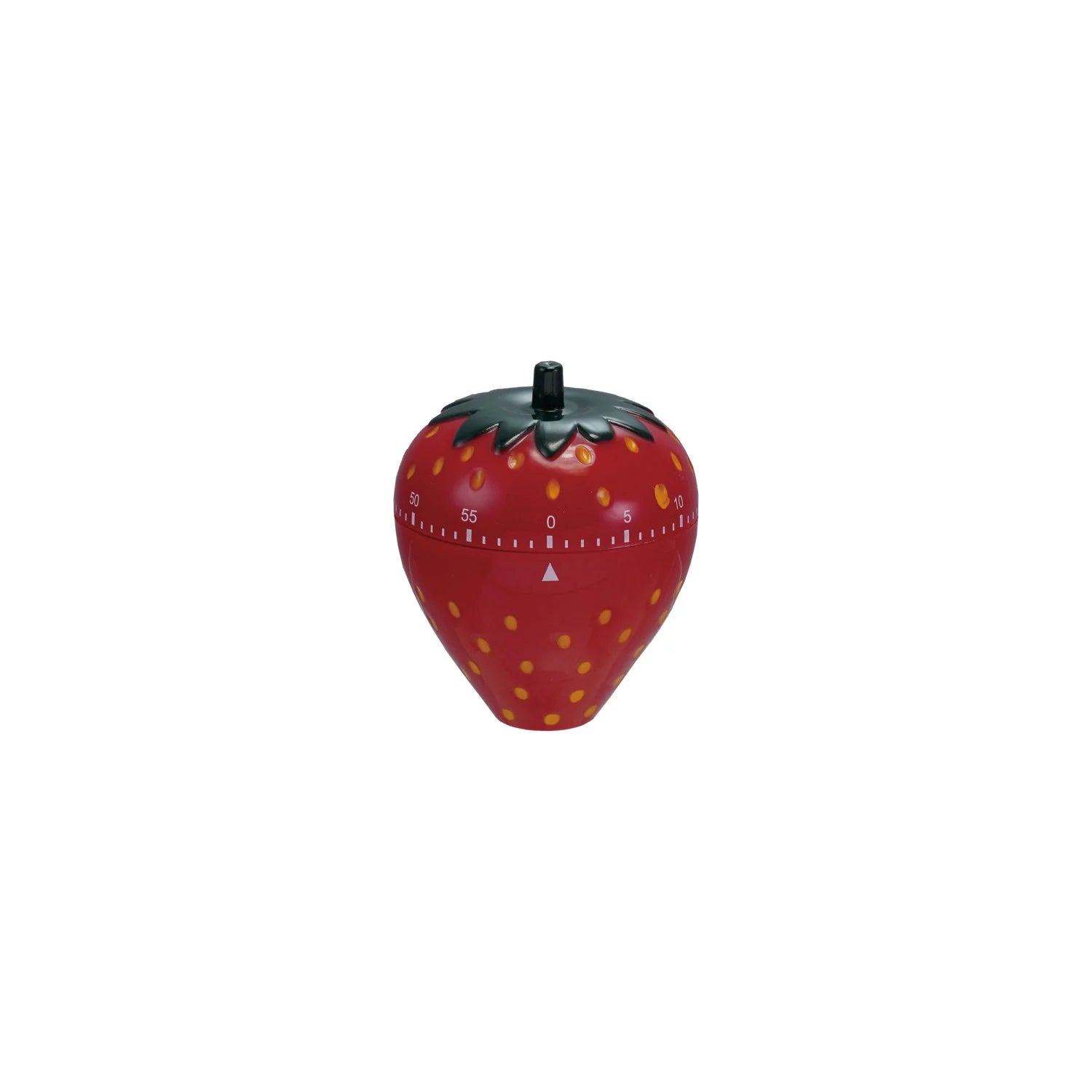 Red strawberry shaped twist timer with white numbers, green stem top and yellow seed dots on white background. 