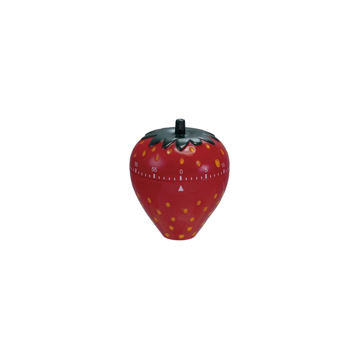 Red strawberry shaped twist timer with white numbers, green stem top and yellow seed dots on white background. 