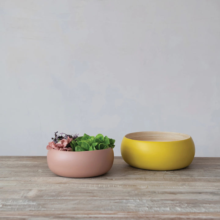 Bamboo Bowls w/ Natural Finish Inside, Matte Pink & Yellow