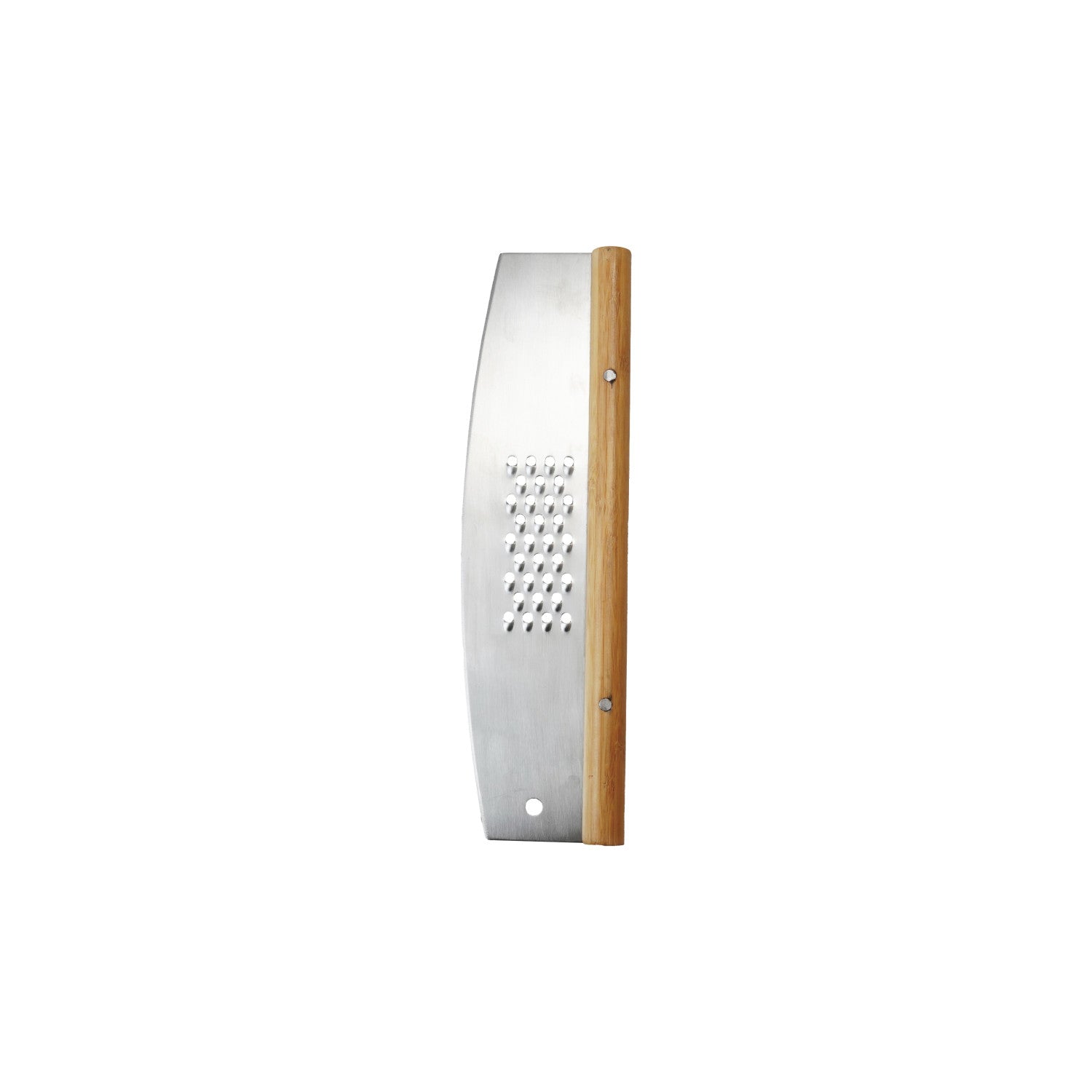 Rocker style pizza cutter and cheese grater with wood handle on white background