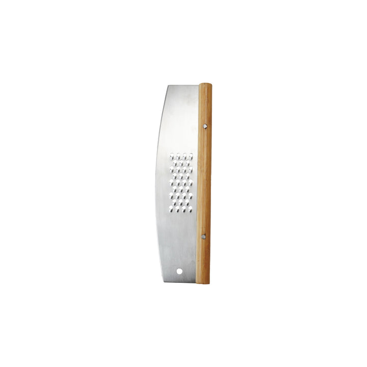 Rocker style pizza cutter and cheese grater with wood handle on white background