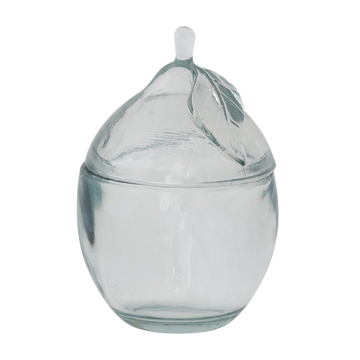 Clear glass container shaped like a lemon with a lid on a white background