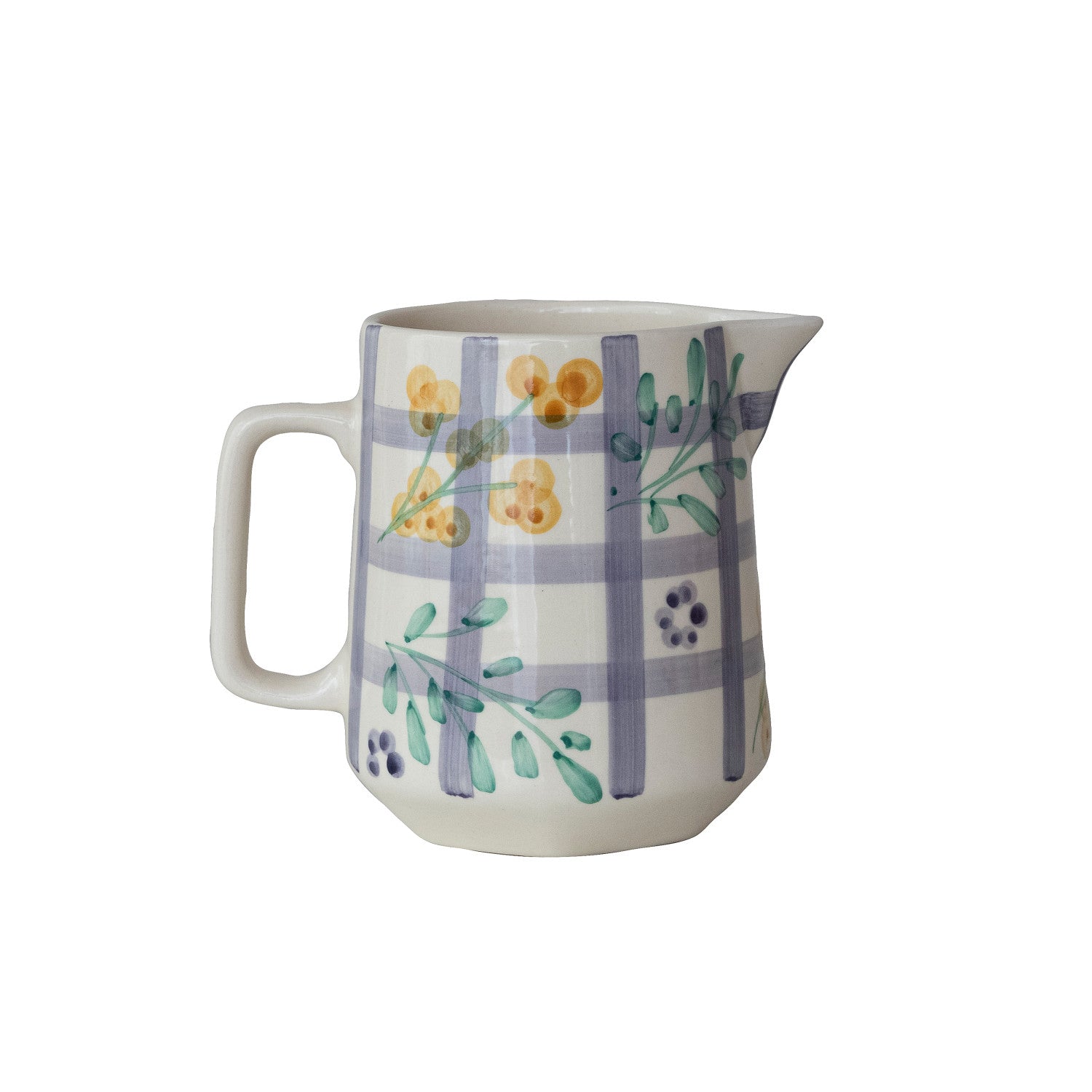 Stoneware pitcher with floral and plaid design on a white background