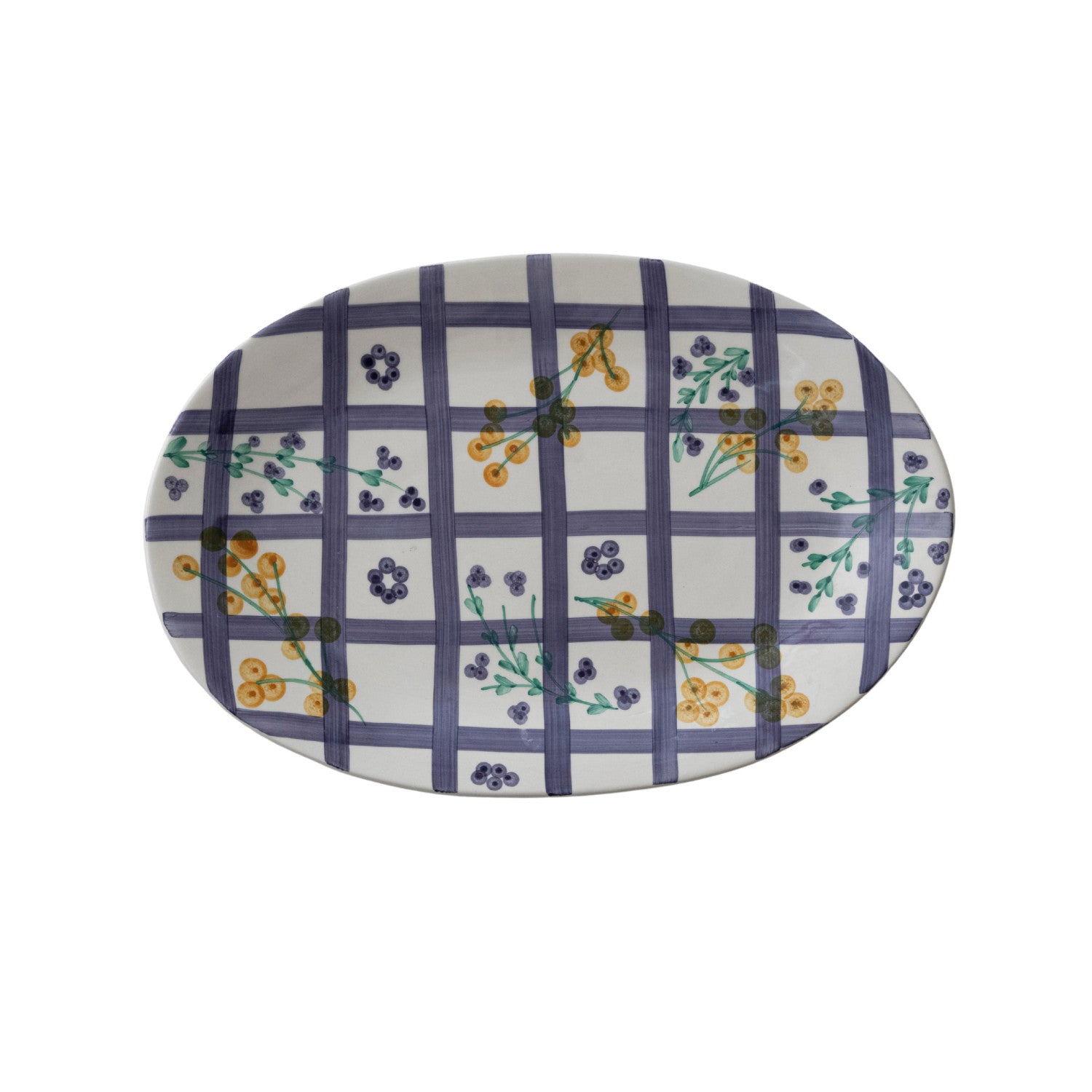 Oval platter with floral and checkered pattern on a white background