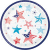Round paper plate with red and blue star patterns on a white background
