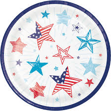 Round paper plate with red and blue star patterns on a white background
