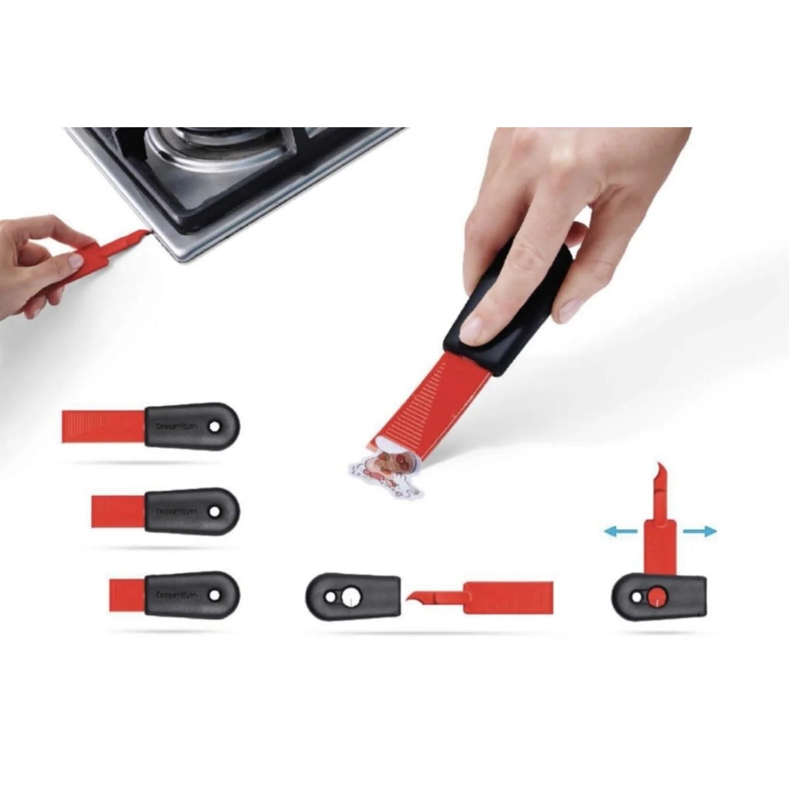 Red and black kitchen tool being used on a surface with additional close up views of the tool.