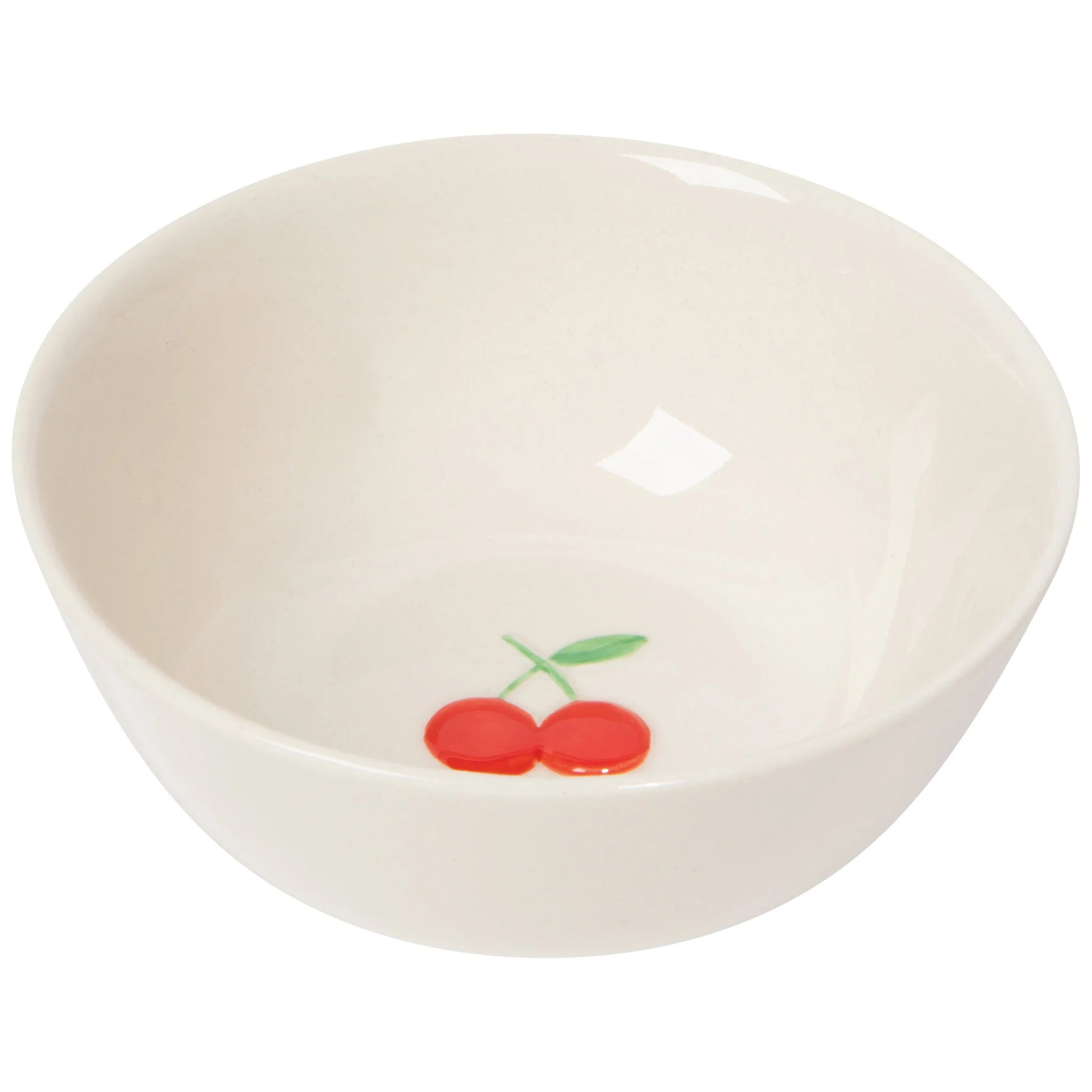 White stoneware bowl with red cherries design on a white background