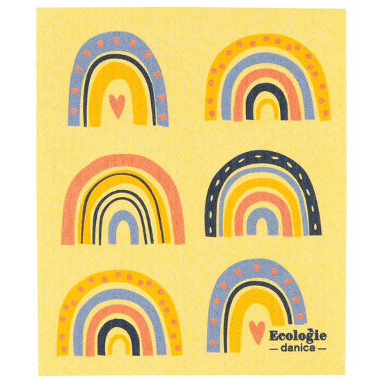 Yellow dishcloth with rainbow patterns and 'Ecoologie danica' branding