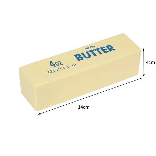 Butter squishy toy with measurements on a white background