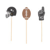 Three football themed toothpicks; a football helmet, football, and number one hand.