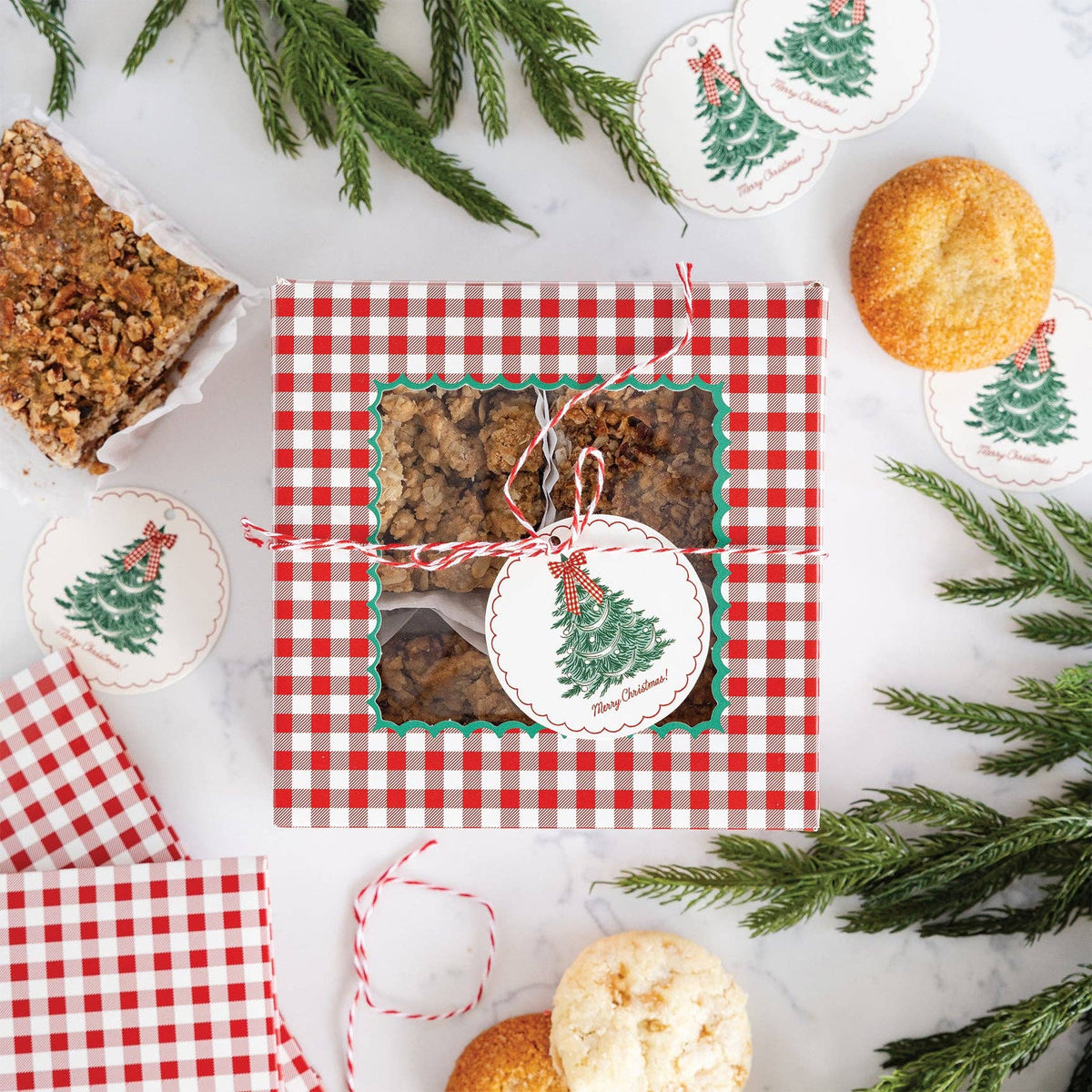 Red Gingham Window Cookie Boxes with Christmas Tree Tags