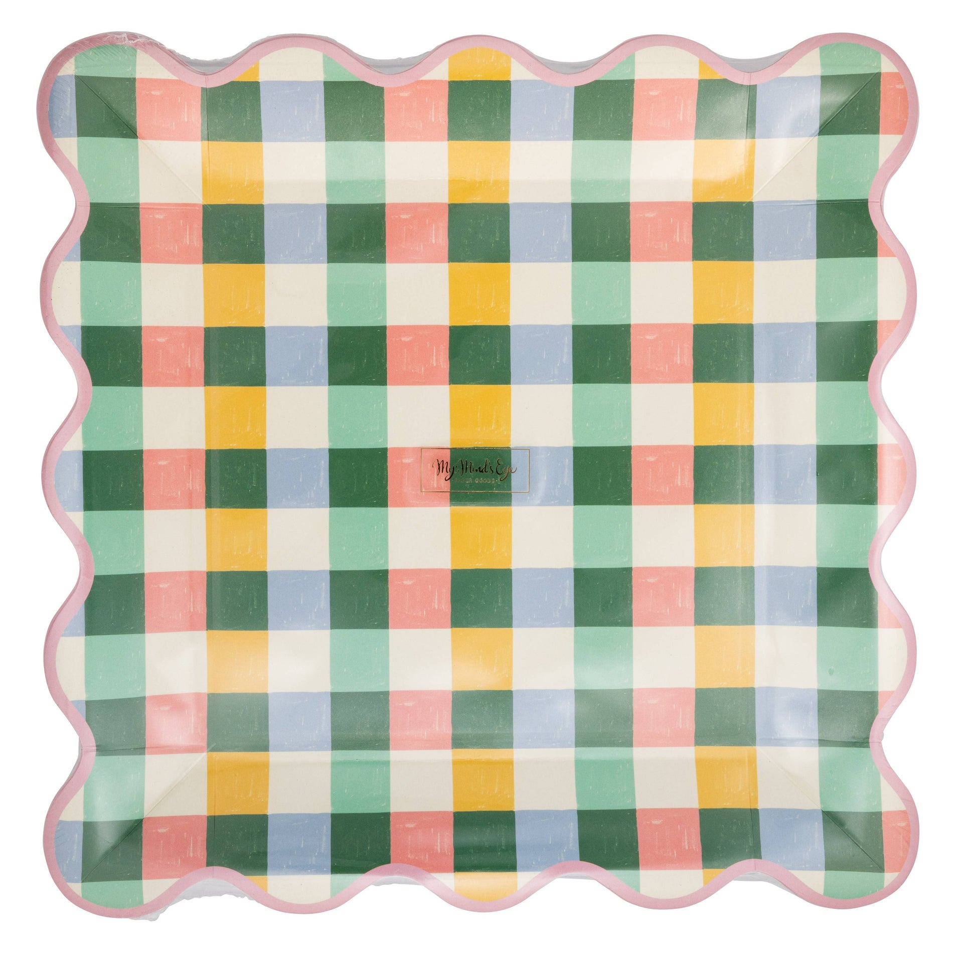 Checkered plate with scalloped edge in pastel colors on a white background