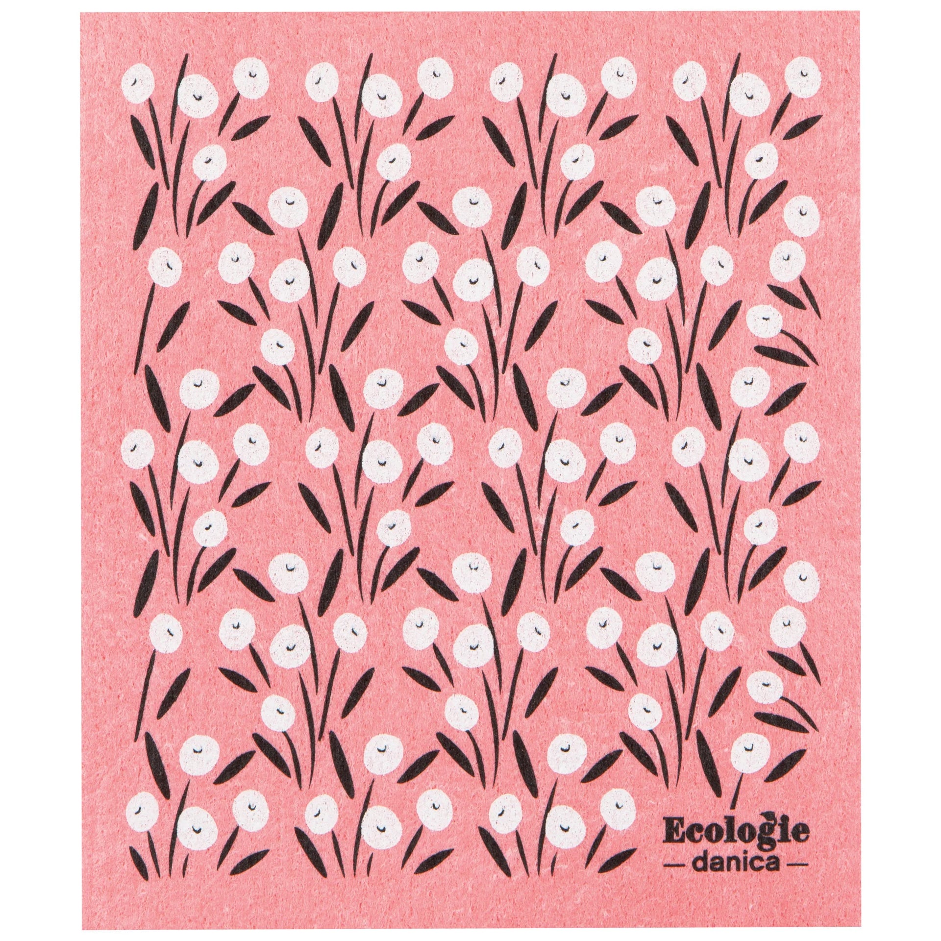 Pink cloth with white floral pattern and 'Ecologie danica' branding