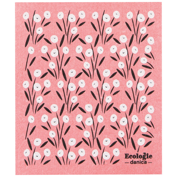 Pink cloth with white floral pattern and 'Ecologie danica' branding