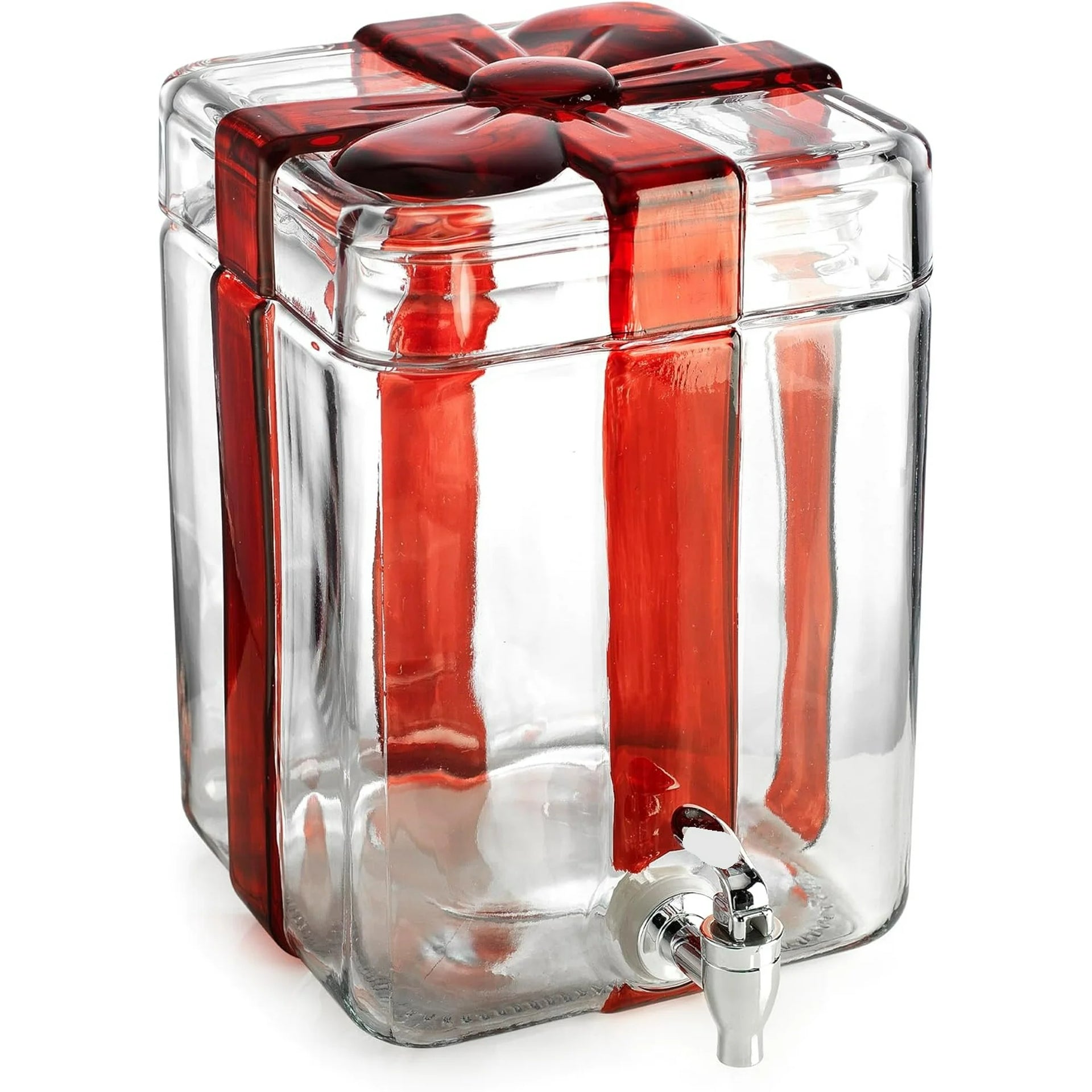 Clear glass drink dispenser with red ribbon and silver faucet on a white background