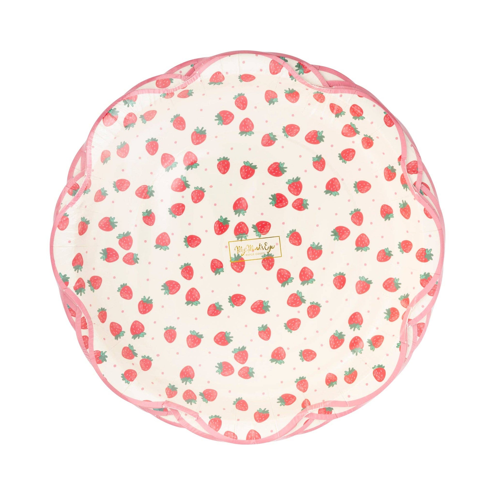 Package of paper plates with strawberry pattern on a white background