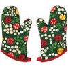 Pair of oven mitts with ladybug and floral pattern on a green background