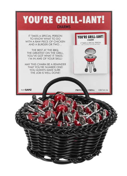 Basket of red and silver grill charms with a humorous label on a white background
