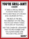 Grill-themed charm with humorous text on a red border