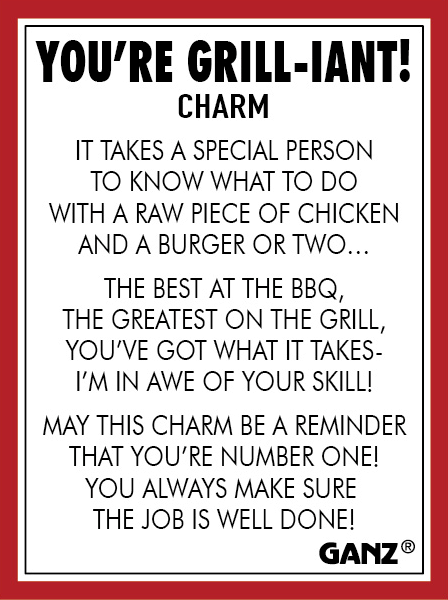 Grill-themed charm with humorous text on a red border